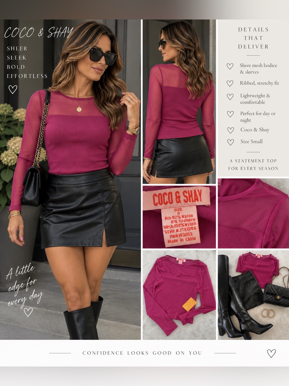 Coco & Shay Sheer Mesh Ribbed Top Fuchsia Pink Long Sleeve S